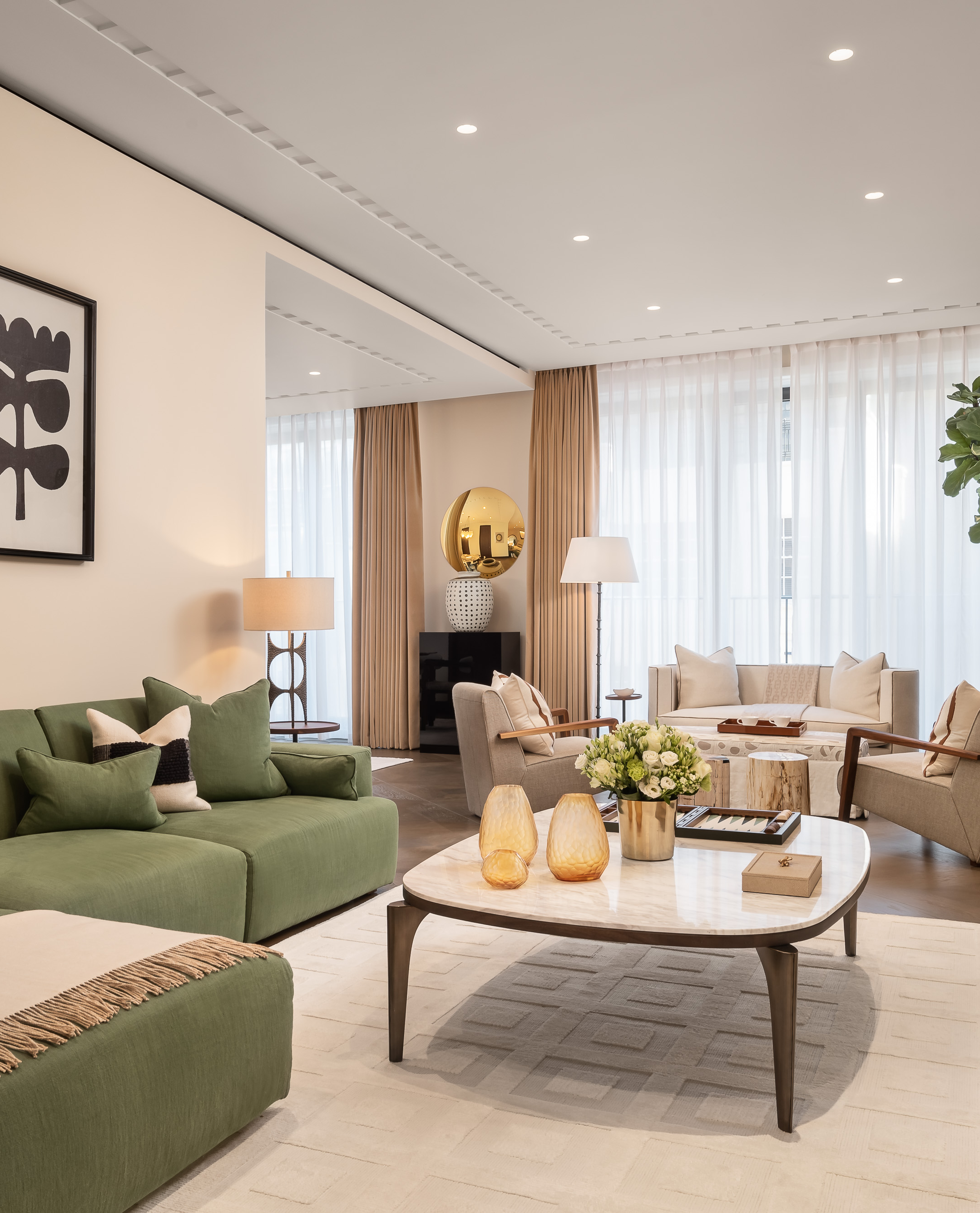 modern luxury, No.1 Grosvenor Square, green sofa, neutral living room