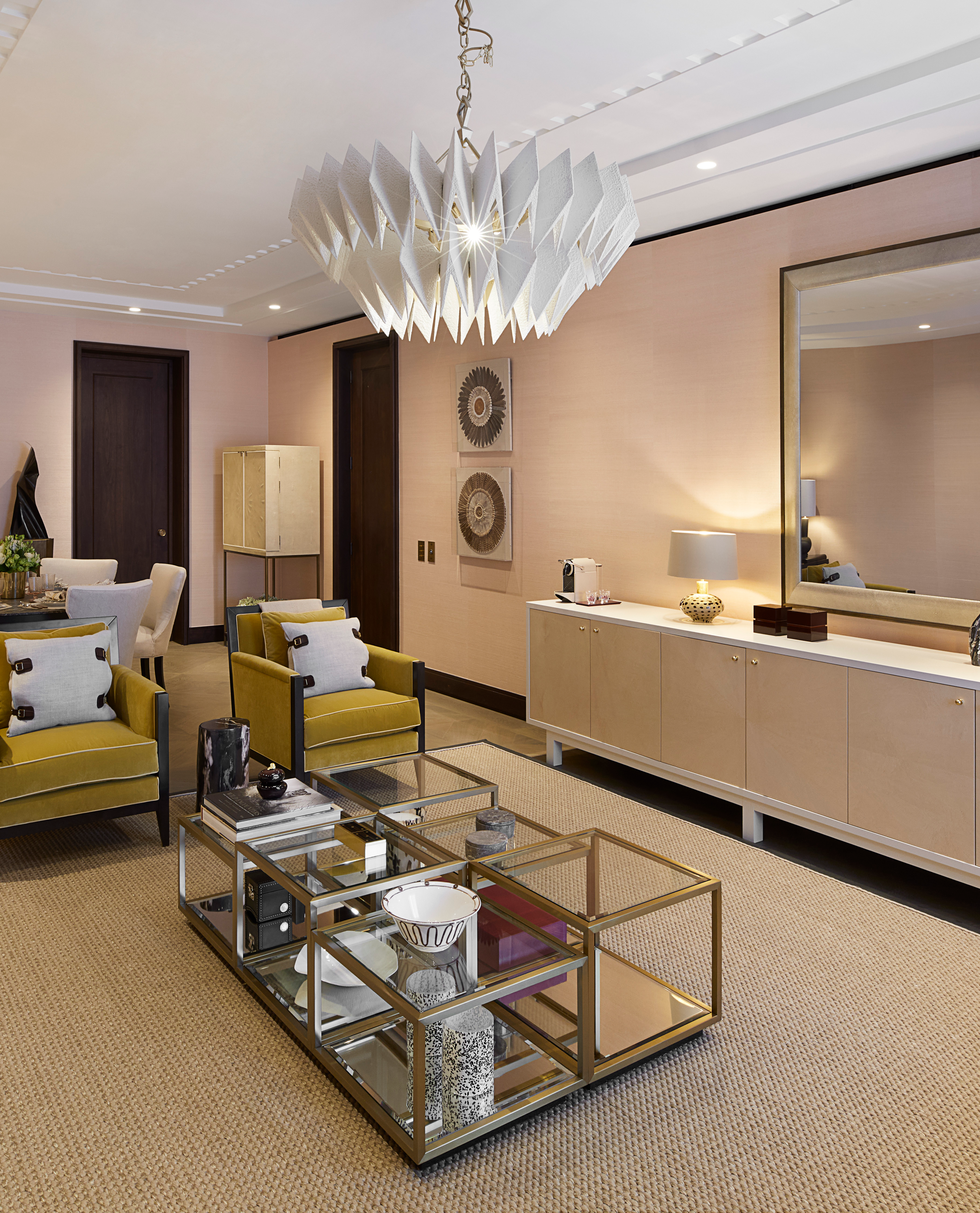modern lighting, yellow arm chairs, pink living room, modern luxury, No.1 Grosvenor Square